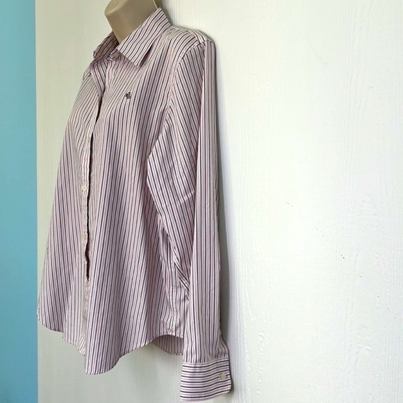 Lauren Ralph Lauren - Black & Pink Stripe Button Down Non Iron Top Size Large - Picture 6 of 10